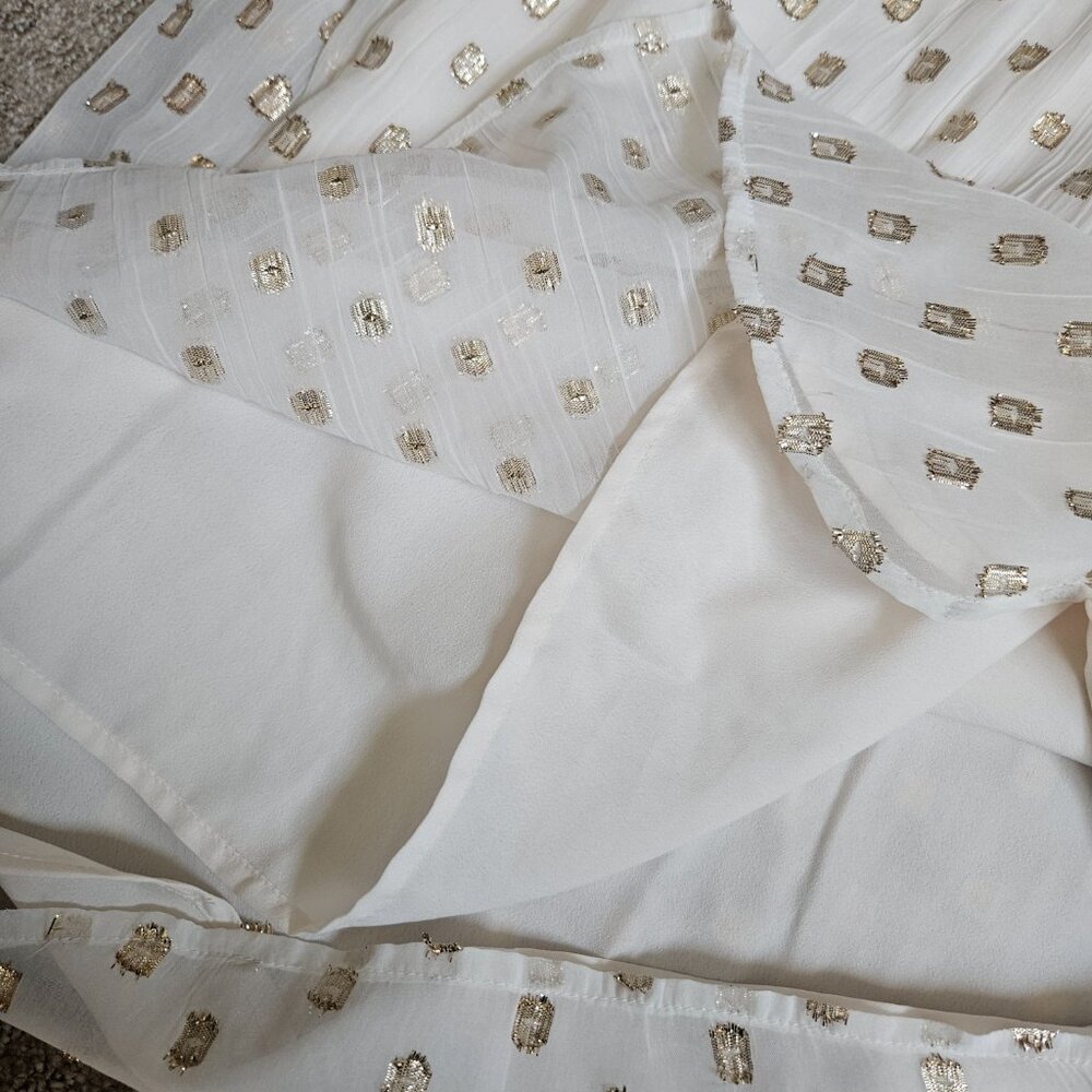 LOFT Clip Ruffle Smocked Blouse Women SZ Medium gauzy top lightweight lined Gold - Picture 11 of 15